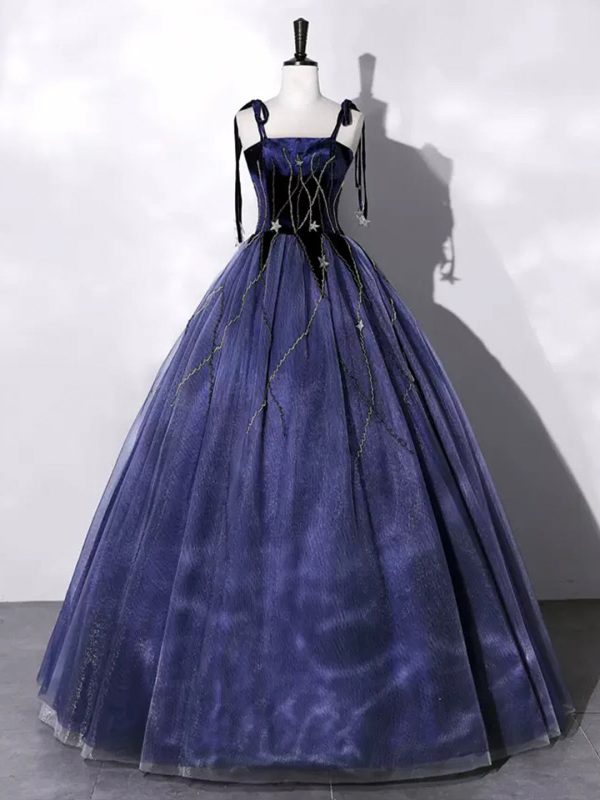 Blue Velvet Tulle Long Prom Dress, A-Line Evening Party Dress