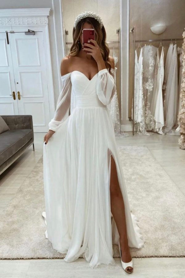 White Chiffon Long Sleeve Prom Dress, White Evening Party Dress